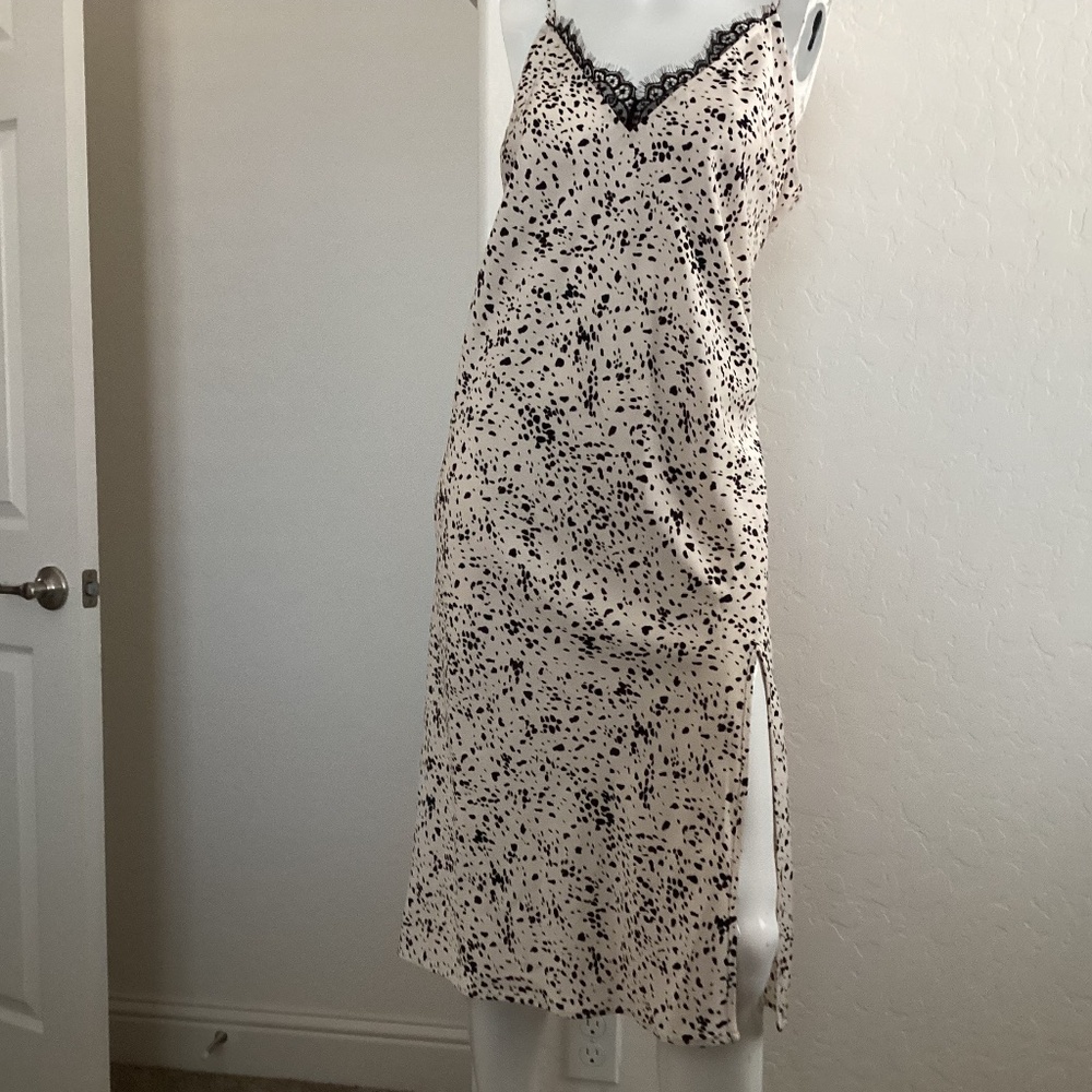 A New Day, NWOT, midi, size L, slip dress with slit, cream w/ black spots